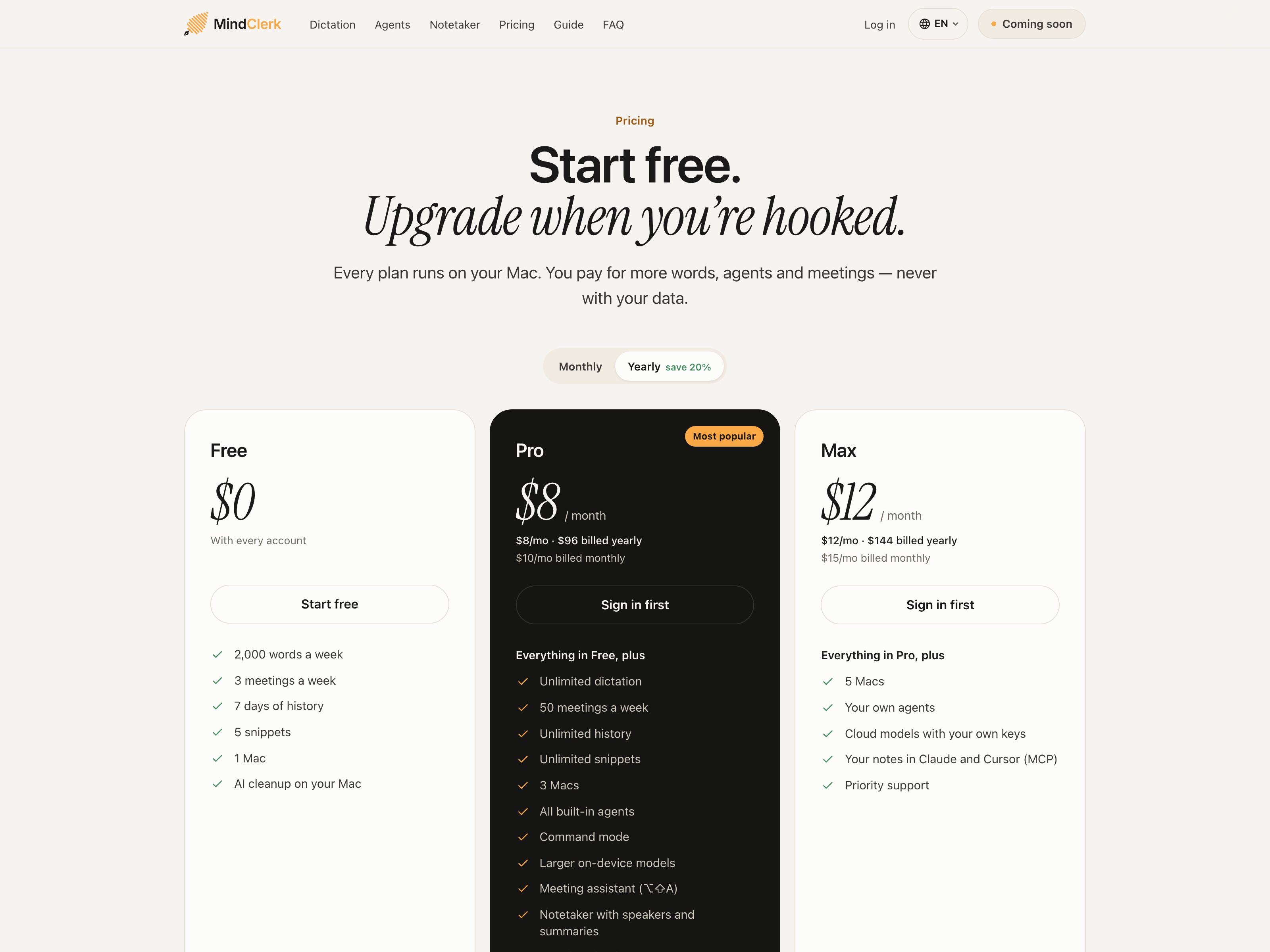 Pricing — start free, upgrade when you’re hooked