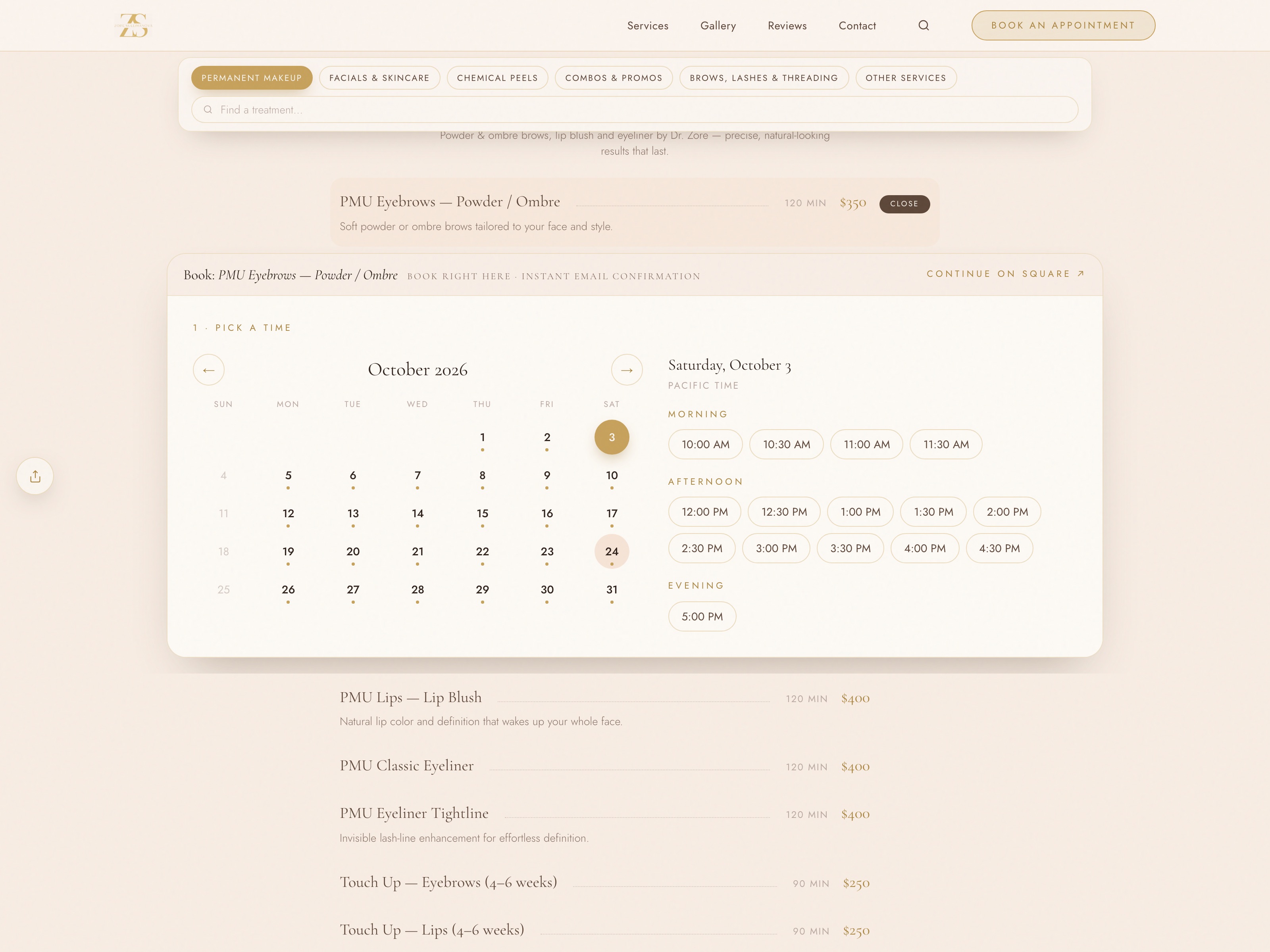 Live availability — bookable days and open times straight from Square