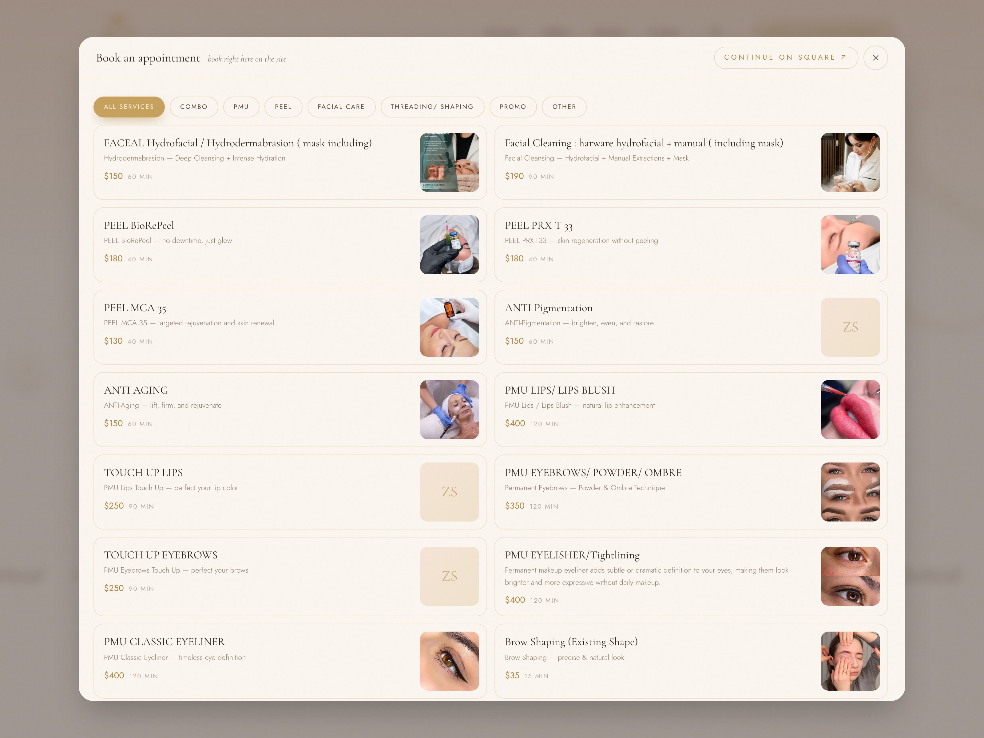 Book from anywhere — every Square link opens the in-site catalog