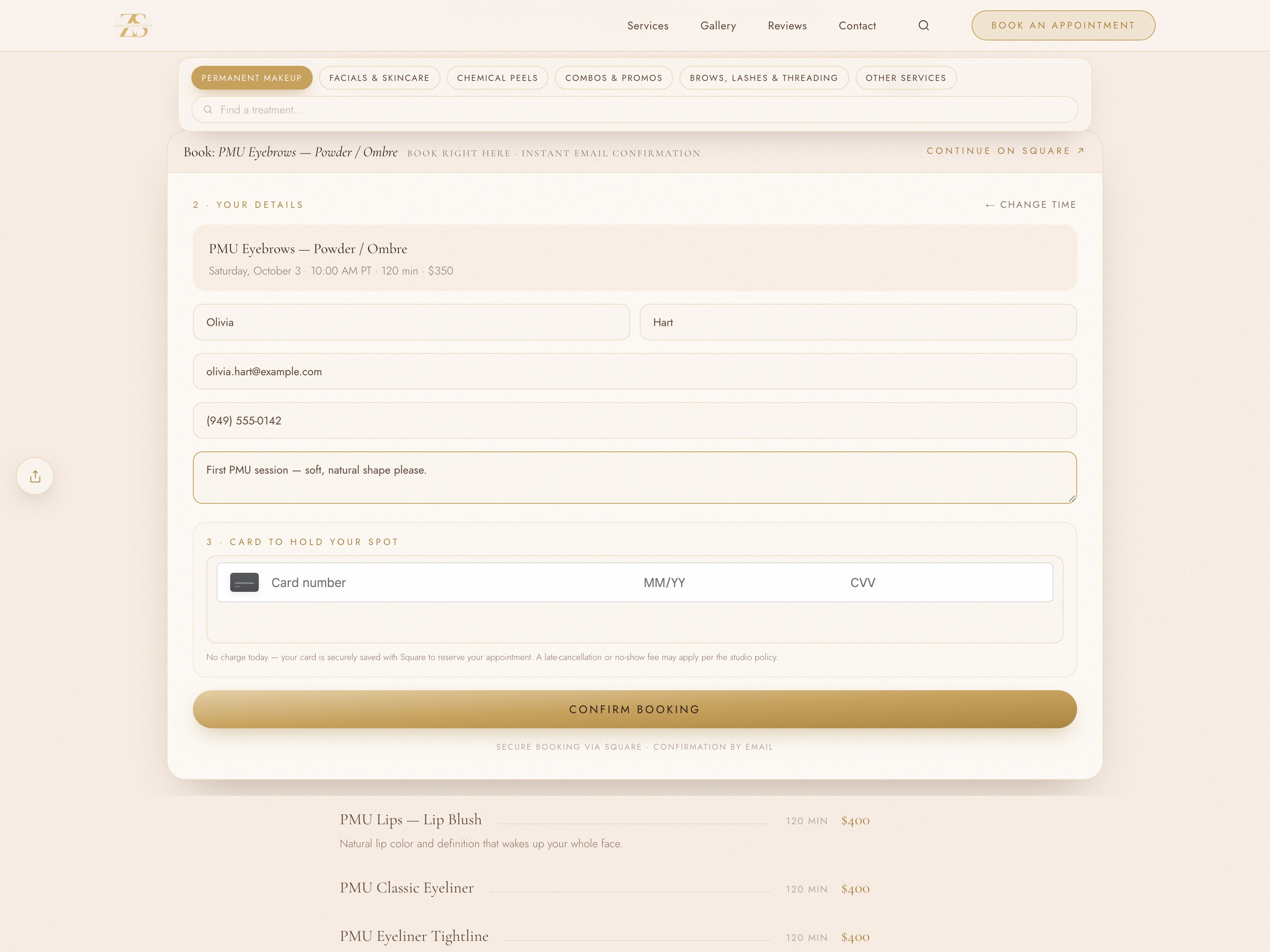 Three-step checkout in the studio’s own design, with a card to hold the spot