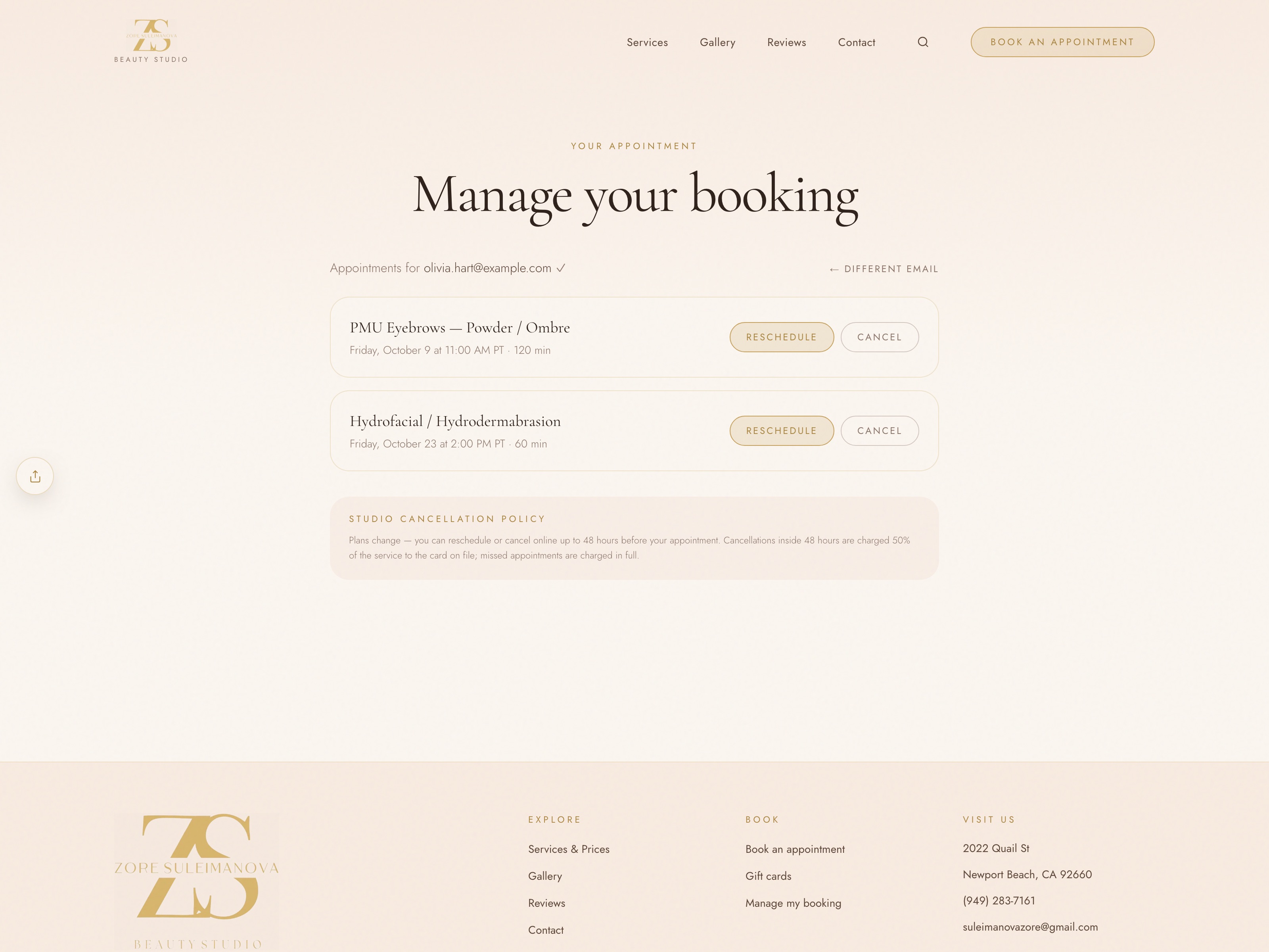 Self-service — upcoming appointments after a 6-digit email code